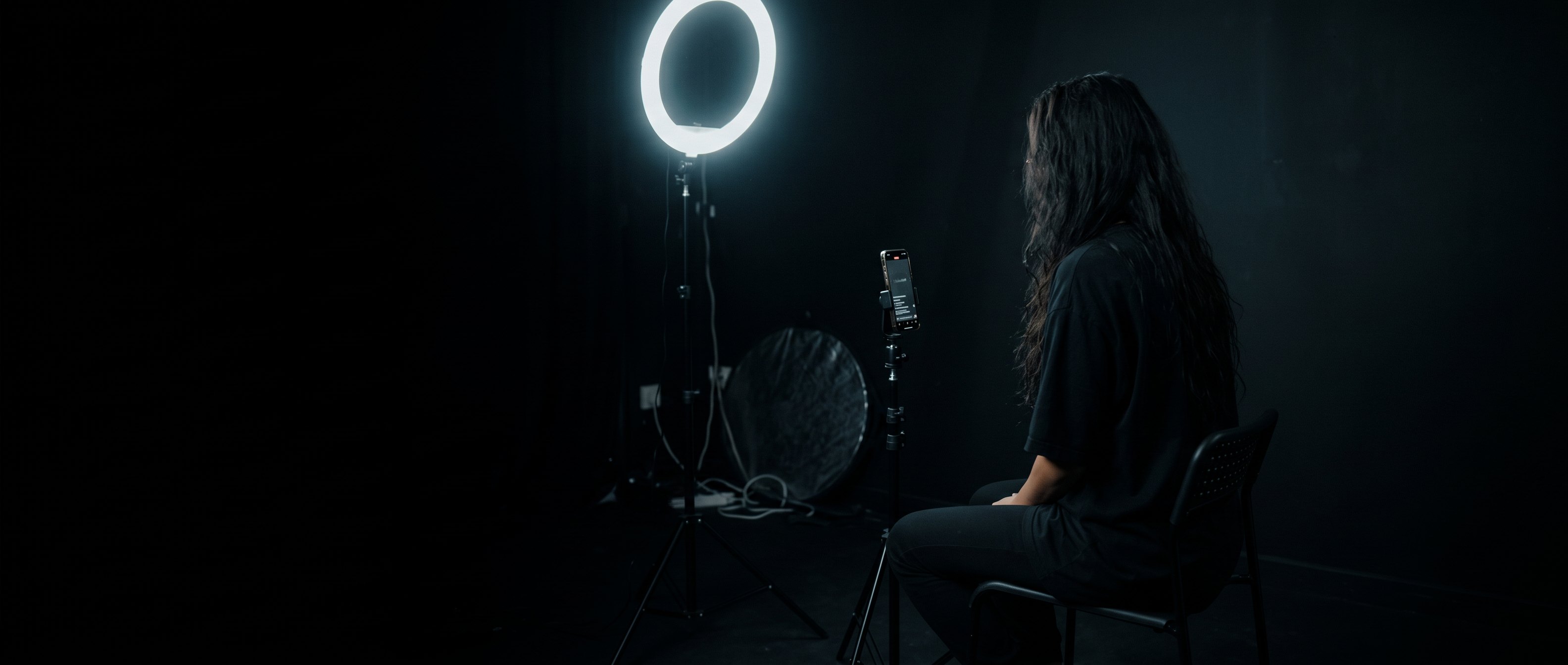 A woman seated in front of a ring light in a blacked-out studio, back to camera.