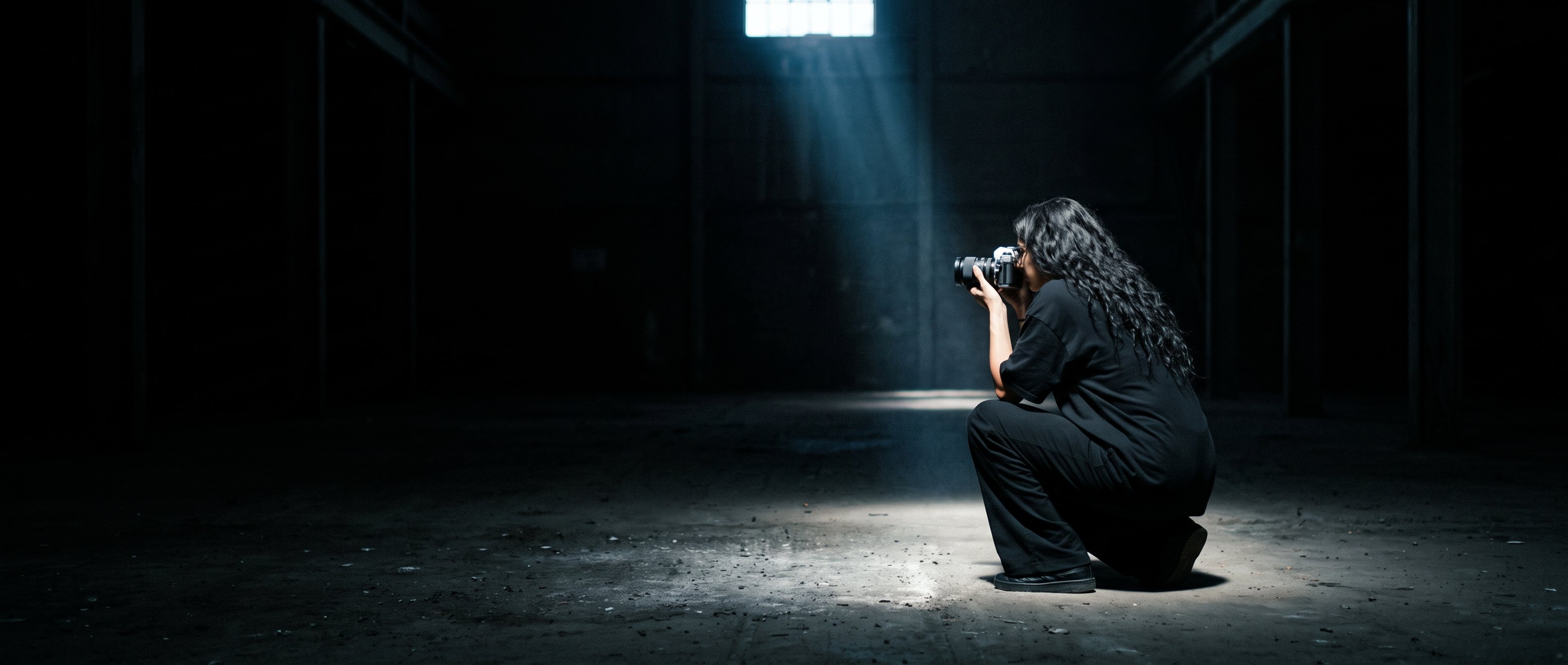 A photographer crouched under a single shaft of light in a dark warehouse, back to camera, shooting.
