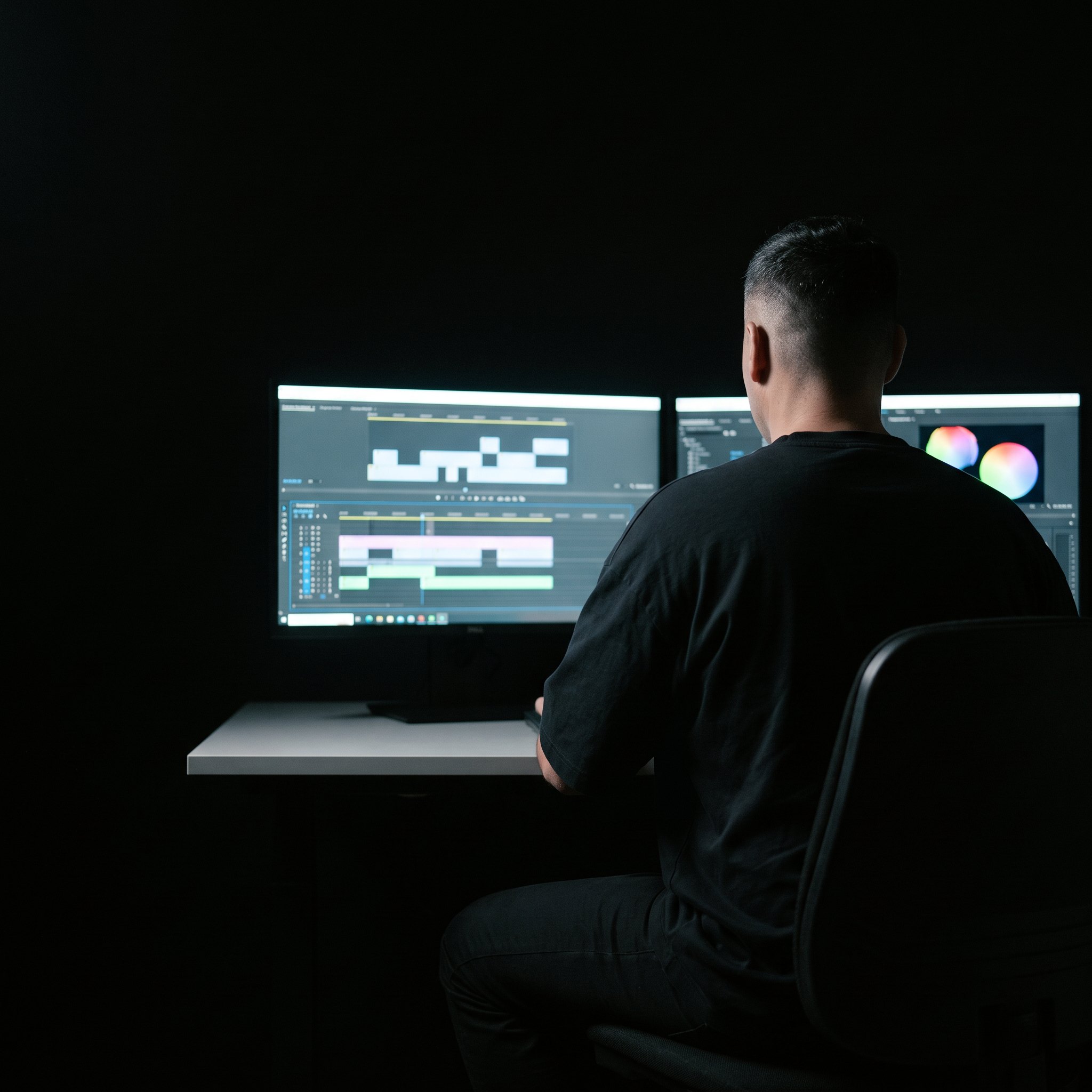 A man at a desk in a dark room, back to camera, editing video across two monitors.