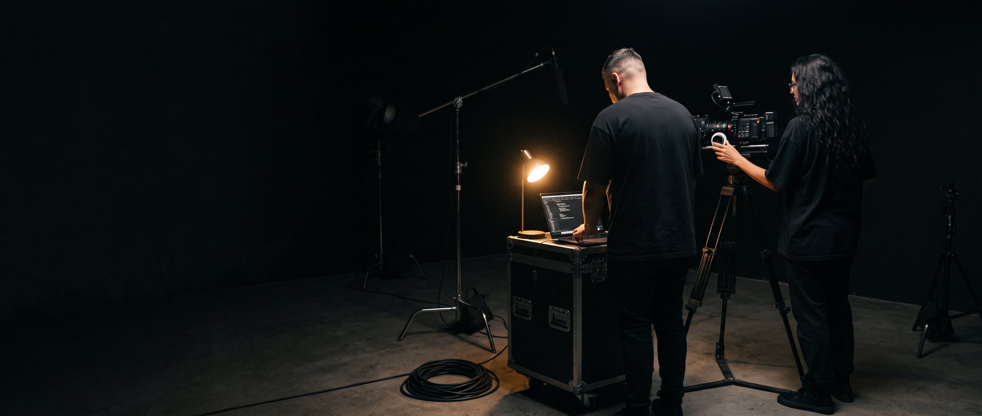 A man and a woman on a dark film set, backs to camera, working a cinema camera beside a lit road case.