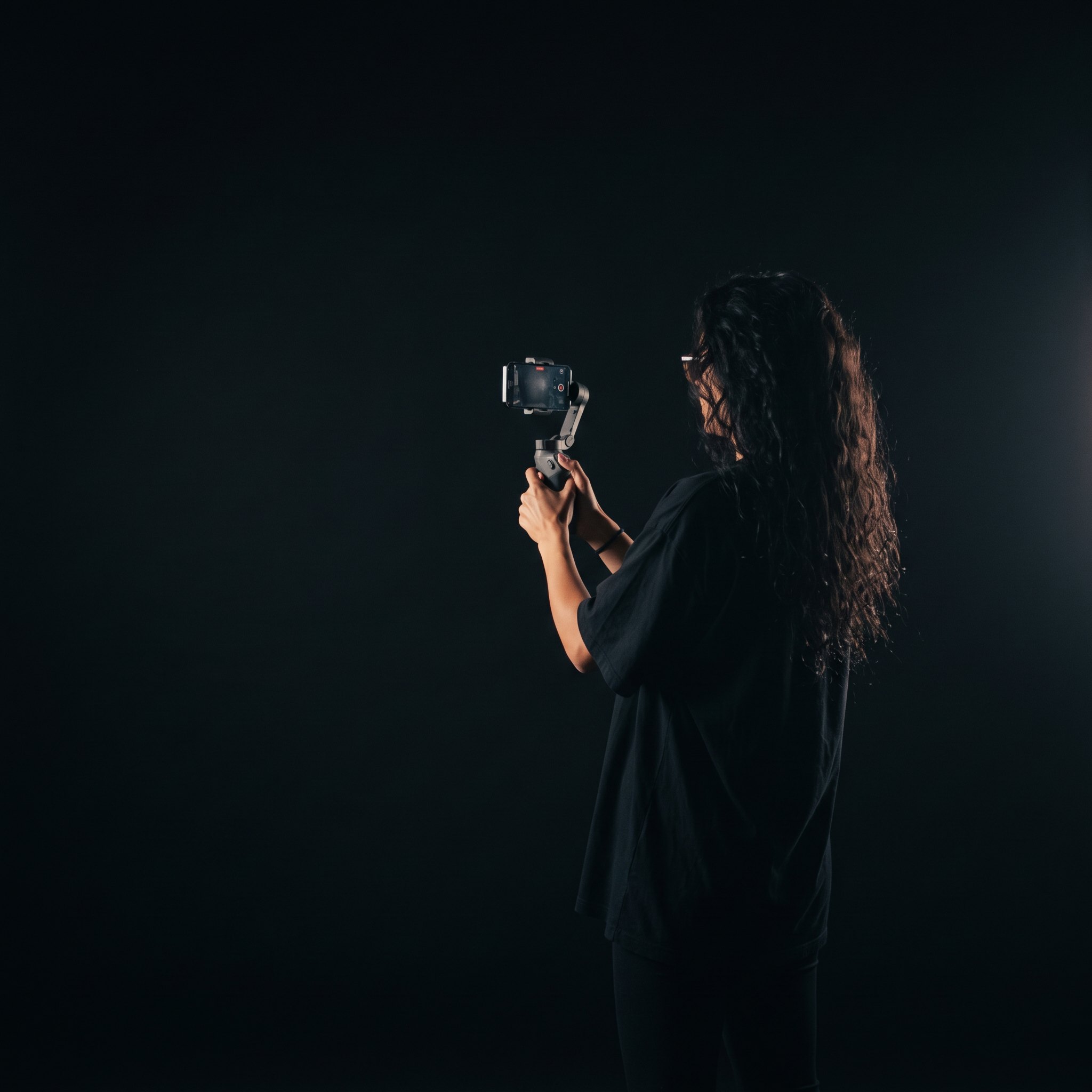 A woman with long dark hair holding a camera on a small gimbal in a dark room, seen from behind.