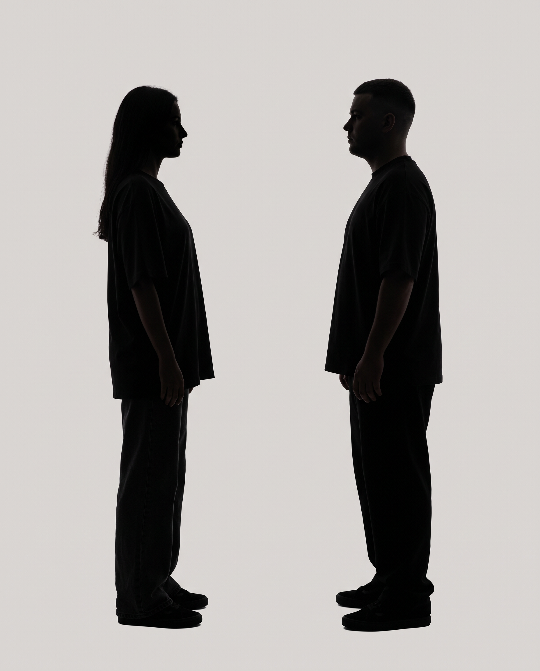 Silhouettes of a woman and a man in profile, facing each other against a flat grey backdrop.